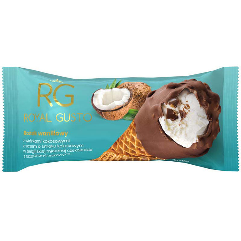 Rożek waniliowy z wiórkami kokosowymi w belgijskiej czekoladzie Royal Gusto 150ml