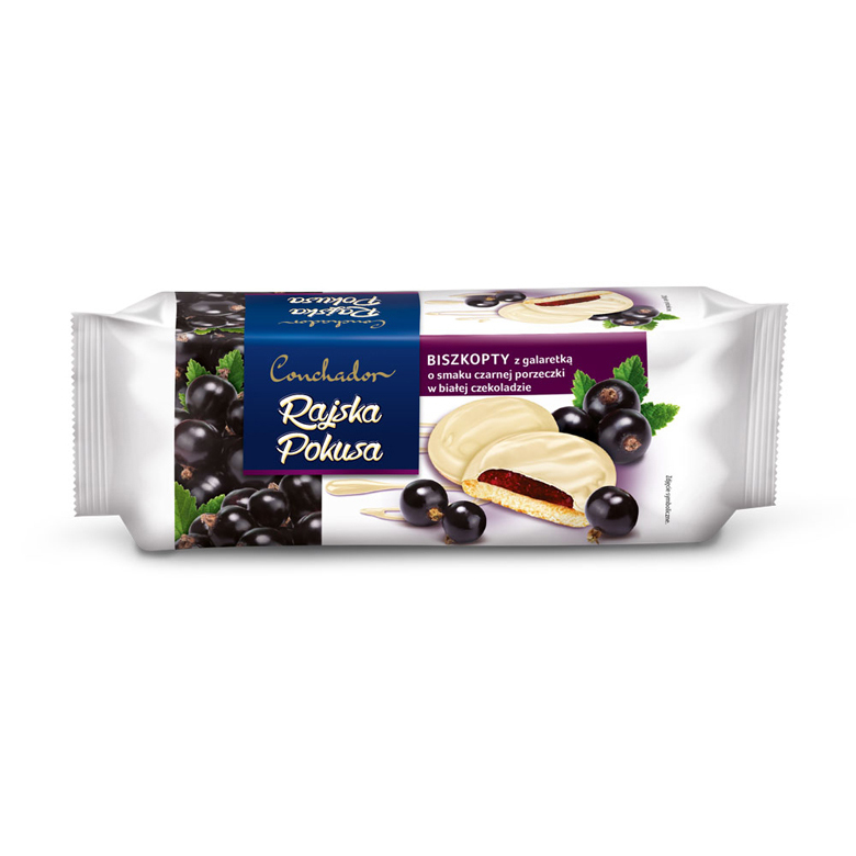 Biszkopty w białej czekoladzie z galaretką o smaku czarnej porzeczki Conchador 150g
