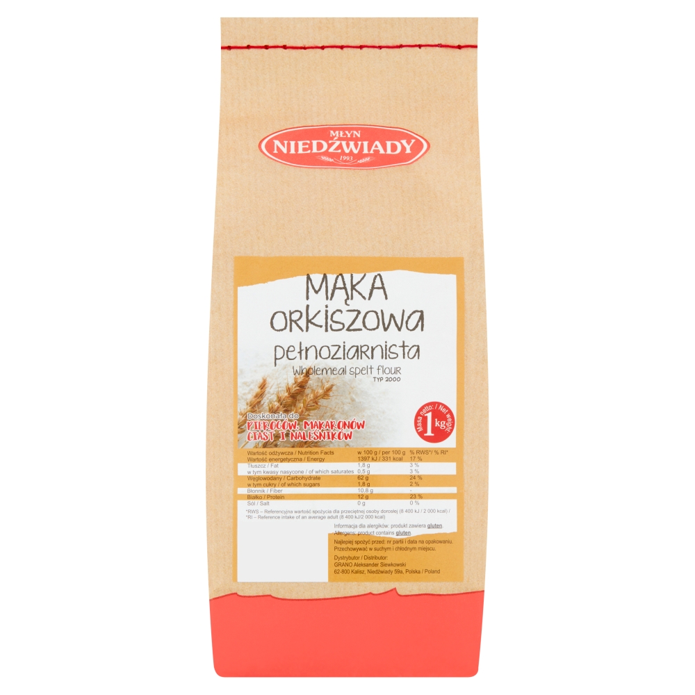 Mąka orkiszowa pełnoziarnista typ 2000 Młyn Niedźwiady 1kg