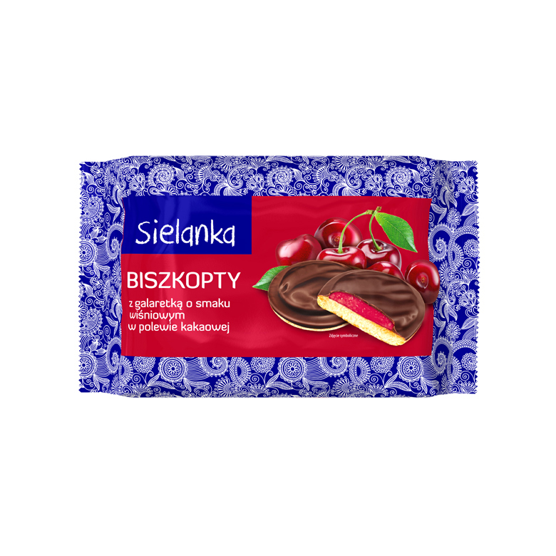 Biszkopty z galaretką o smaku wiśniowym w polowie kakowej Sielanka 300g